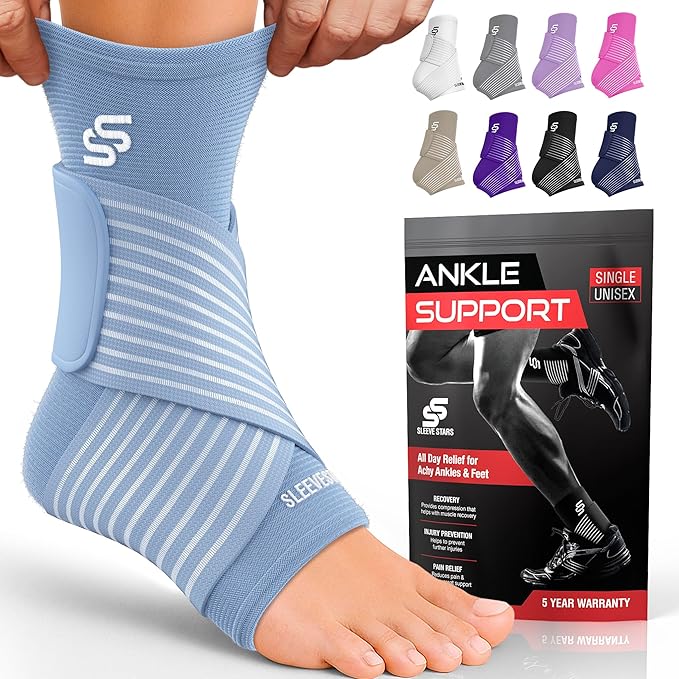 Sleeve Stars Ankle Support for Ligament Damage & Sprained Ankle, Plantar Fasciitis Support & Achilles Tendonitis Pain Relief, Ankle Brace for Women & Men w/Compression Ankle Strap (Single/Light Blue)