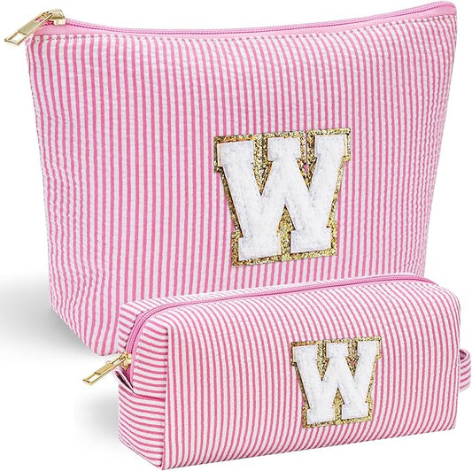 YOOLIFE Cute Pink Initial Make Up Bag Travelling, Personalized Makeup Bag with Zipper Cosmetic Makeup Pouch Travel Accessories Birthday Gift Friends Female Mom Teacher Sweet 16 Gifts Daughter Gifts W