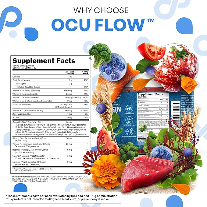 Clean Nutra Lutein and Zeaxanthin Eye Vitamins Gummies + Bilberry for Eyes Vision Support Ginkgo Biloba Marigold, Vitamin B12 Flaxseed Black Pepper CoQ10 Vitamin A l 60 Count B OcuFlow