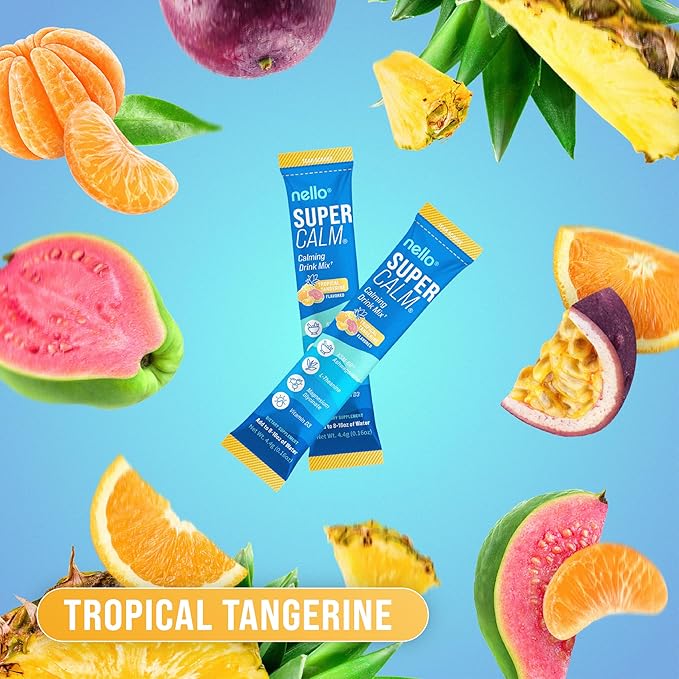 Nello Supercalm Powdered Drink Mix, Cortisol Reducer* and Sleep Aid Supplement, L Theanine, Ksm-66 Ashwagandha, Magnesium Glycinate, Vitamin D 3, No Sugar, Non GMO, 20 Ct, Tropical Tangerine