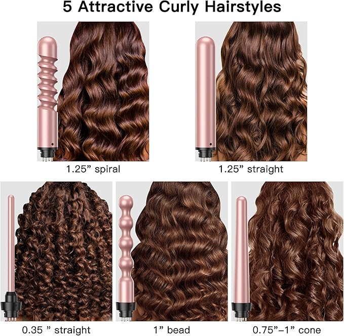 Curling Iron, Curling Wand Set, Instant Heat Up Hair Curler with Interchangeable Tourmaline Ceramic Barrels 0.35" to 1.25"