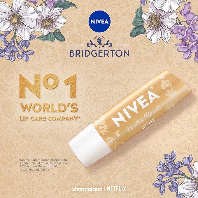 NIVEA Vanilla Biscuit Lip Balm, Nourishing Lip Care, Bridgerton Limited Edition Moisturizing Lip Balm with Shea Butter, 3-in-1 Moisture, Repair and Nourish, 0.17 Oz Stick