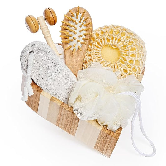 Bella Ciao 6-Piece Body and Skincare Set, Women’s Spa Gift Basket with Face Massage Roller, Hair Brush, Exfoliating Tools and Wooden Tray, Self Care Bath Accessories