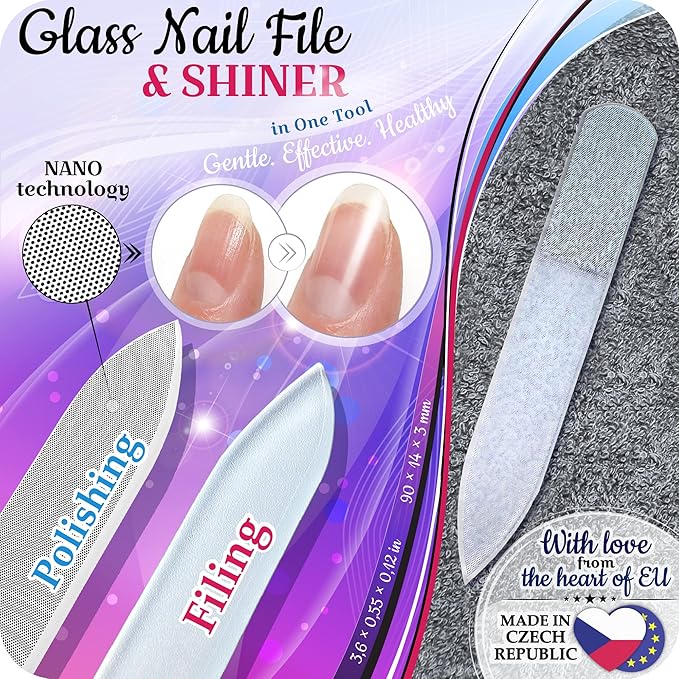 GLADZY Czech Glass Nail File Set - Multifunctional Nail Shiner Buffer, Callus Remover Foot Rasp, Glass Cuticle Pusher Manicure Stick, Etched Surface, Professional Nail Care Tool, Made in EU
