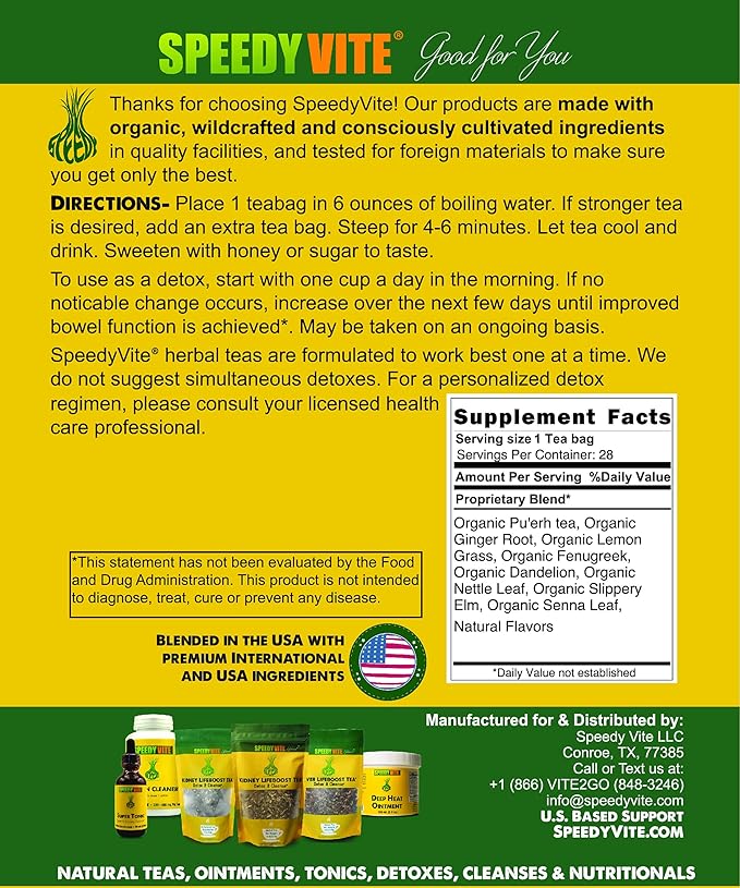 SpeedyVite Colon LifeBoost Tea Detox and Cleanse - Organic Pu'er Tea with Ginger, Lemongrass - for Increased Colon Health and Function