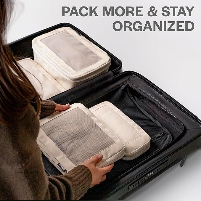 Aerotrunk Compression Packing Cubes for Travel - Luggage Organizer Bags - Double Zipper Packing Cubes for Suitcases (4-Pack, Mocha)