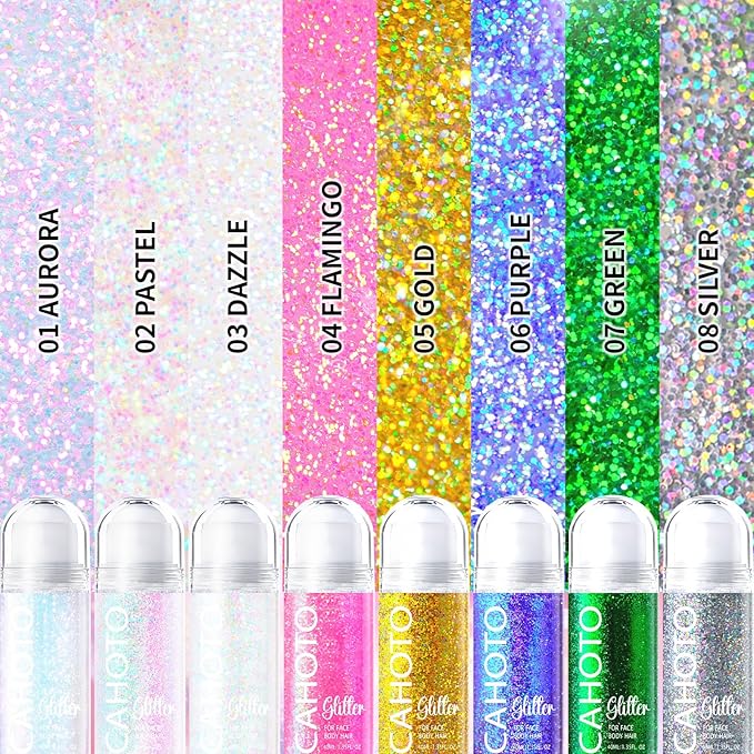 CAHOTO Purple Rolling Glitter for Face Body & Hair, Sparkling Holographic Chunky Shimmer, Roll-on Sequins for Singer Concert Rave Festival Halloween Party Mardi Gras Carnival, 1.35fl.oz