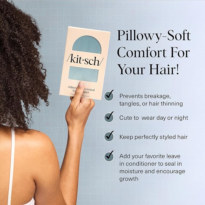 Kitsch XL Satin Bonnet for Sleeping - Softer Than Silk Hair Bonnet for Women - Secure Fit, Adjustable Night Cap for Curly & Textured Hair - Prevents Breakage, Tangles & Thinning- Haze Blue