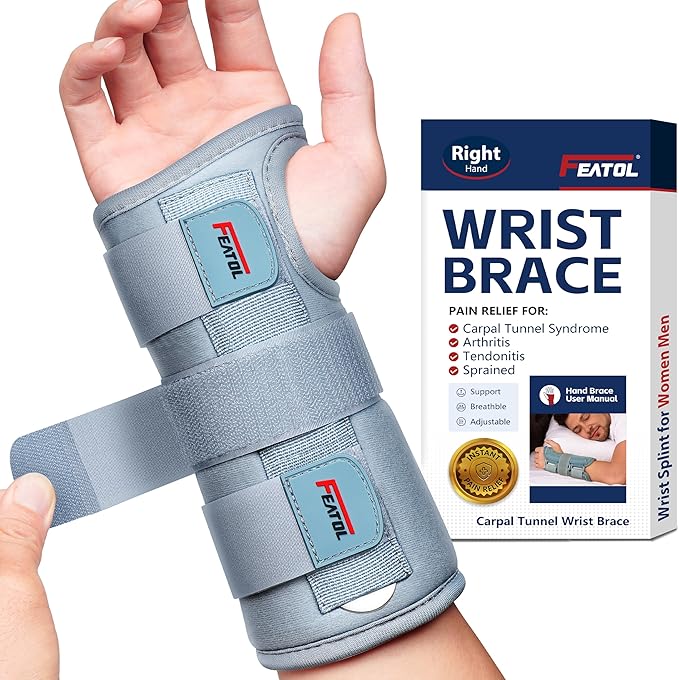 FEATOL Wrist Brace Carpal Tunnel for Women Men, Adjustable Night Sleep Support Brace with Splints Right Hand, Medium/Large