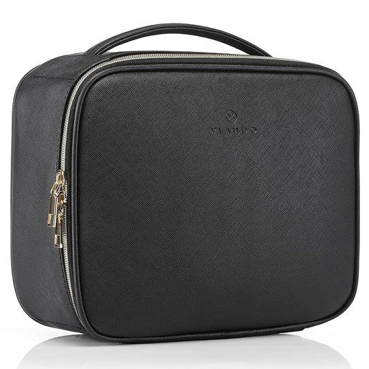 Vlando Medium Makeup Cosmetic Organizer Case Portable Storage Bag with Adjustable Dividers for Makeup Brushes Girls Women Friend Black