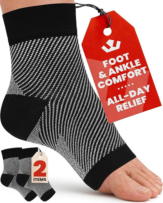 KEMFORD Ankle Compression Sleeve - 1-Pair, Plantar Fasciitis Braces - Open Toe Compression Socks for Swelling, Sprain, Neuropathy, Foot Arch Support for Men and Women - 20-30mmhg, M, Black and White