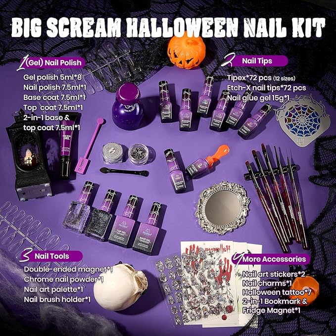 beetles Scream On Halloween Limited Box, Halloween Gel Polish Kit with UV Light, Black Orange Dark Purple Cat Eye Polish With Nail Tips Nail Sticker Manicure Kit Salon DIY Nail Art Gift Set