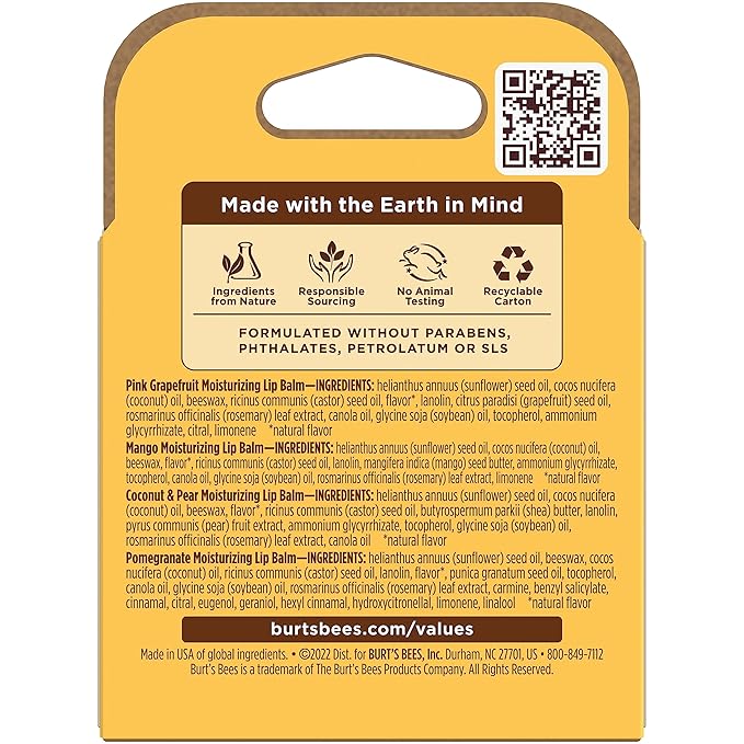 Burt's Bees Lip Balm - Pink Grapefruit, Mango, Coconut & Pear, and Pomegranate Pack, Lip Moisturizer With Beeswax, Tint-Free, Natural Origin Conditioning Treatment, 4 Tubes, 0.15 oz.