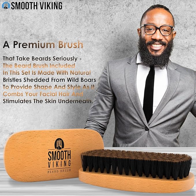Smooth Viking Beard and Facial Hair Grooming Set - Natural Boar Bristle Brush, Mustache Brush, Styling and Shaping Tool for Men