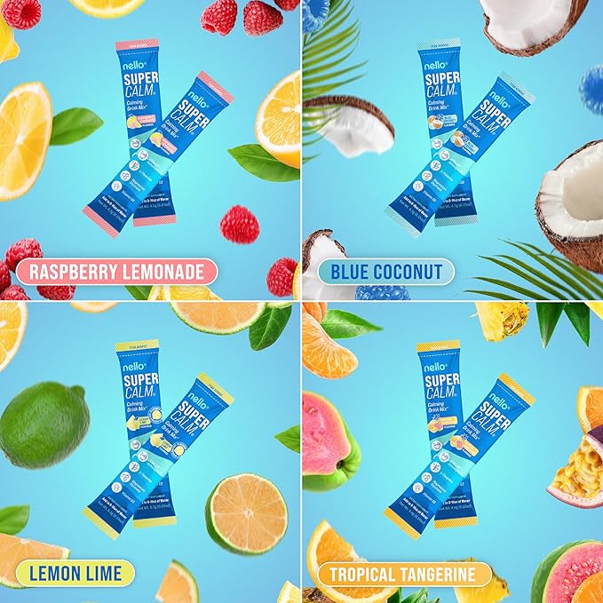 Nello Supercalm Powdered Drink Mix, Cortisol Reducer* and Sleep Aid Supplement, L Theanine, Ksm-66 Ashwagandha, Magnesium Glycinate, Vitamin D 3, No Sugar, Non GMO, On The Go, 20 Ct, Variety Pack