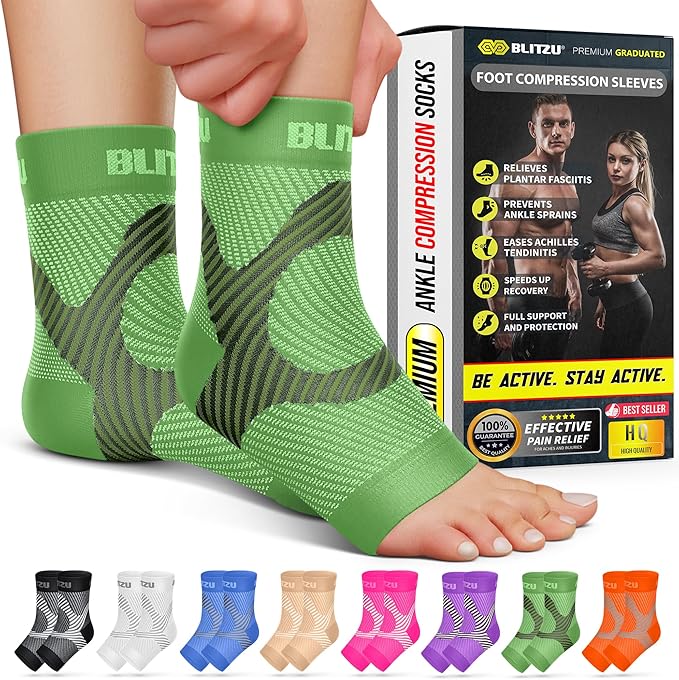 Compression Socks for Plantar Fasciitis, Achilles Tendonitis, Arthritis Relief, Ankle Brace Compression Sleeve with Foot Arch Support, Ankle Wrap for Women, Men, Swelling & Heel Pain Green L-XL