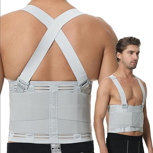 NeoTech Care Back Brace with Suspenders for Work - Industrial Lifting Safety, Elastic Compression, Hook & Loop Closure (Gray, Size XXL)