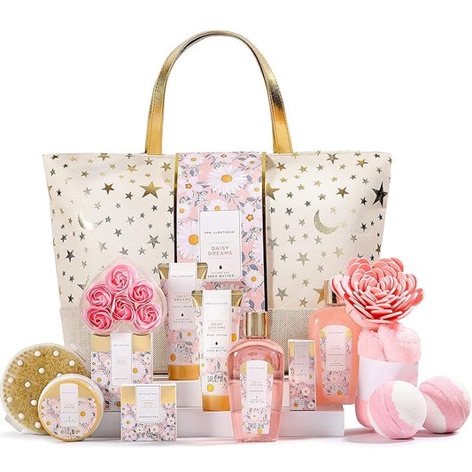 Spa Luxetique Gift Baskets for Women, Dasiy Dream Scented 15pcs Bath Gift Sets with Shower Gel, Hand Cream and Tote Bag, Mother's Day Gifts for Mom