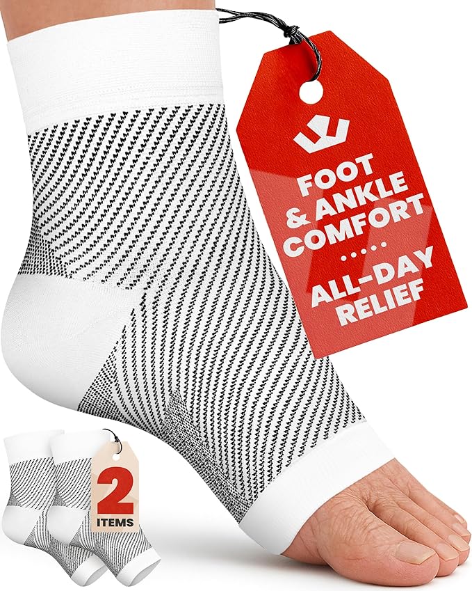 KEMFORD Ankle Compression Sleeve - 1-Pair, Plantar Fasciitis Braces - Open Toe Compression Socks for Swelling, Sprain, Neuropathy, Foot Arch Support for Men and Women - 20-30mmhg, L, White and Black