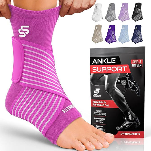 Sleeve Stars Ankle Brace for Women & Men, Ankle Wrap for Sprain, Compression Sleeve for Plantar Fasciitis Relief, Easy Customizable Support: w/ Removable Strap (Single/M:10"-12"/Hot Pink)
