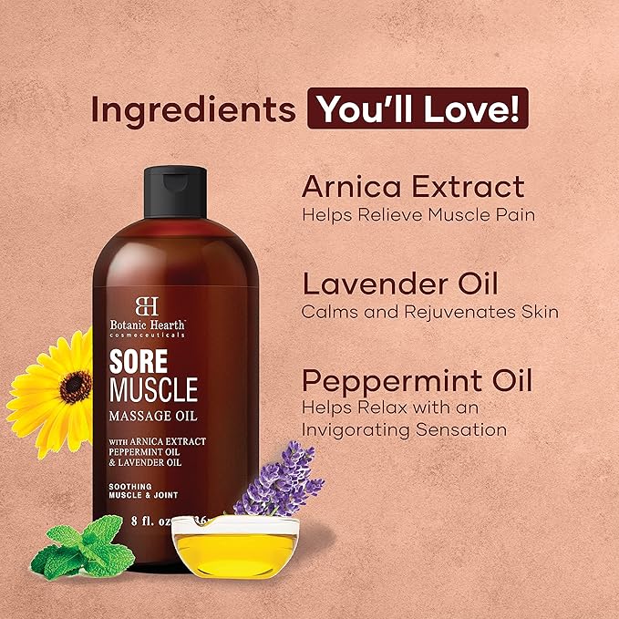 Botanic Hearth Massage Oil |Refreshing, Relaxing Massage Oils for Muscle Relaxing & Joint Comfort | Made with Natural Oils | for All Skin Types, for Men & Women | Soremuscle Oil 8 Fl Oz (2 Pk)