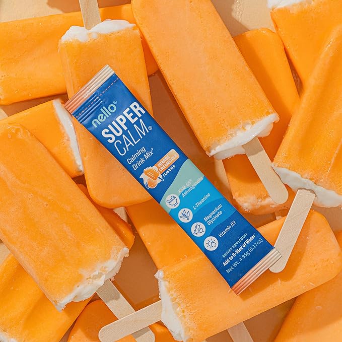 Nello Supercalm Powdered Drink Mix, Cortisol Reducer* and Sleep Aid Supplement, L Theanine, Ksm-66 Ashwagandha, Magnesium Glycinate, Vitamin D 3, No Sugar, Non GMO, On The Go, 20 Ct, Orange Creamsicle